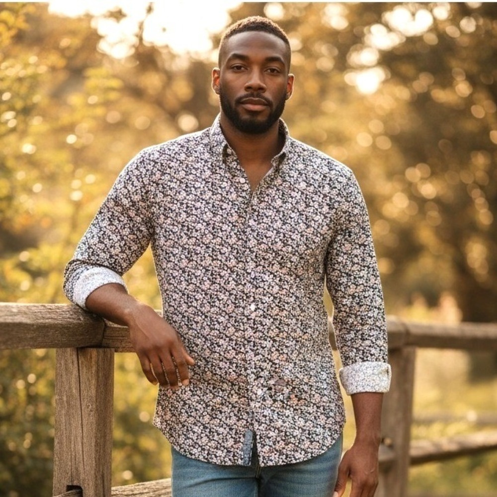 Perry Ellis Mens Floral Print Long Sleeve Button Down Shirt M‎